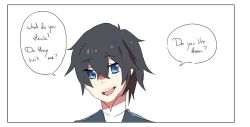 Rule 34 | 10s, 1boy, black hair, blue eyes, blue horns, colorized, comic, darling in the franxx, english text, hiro (darling in the franxx), horns, male focus, melonenbrot, oni horns, open mouth, short hair, solo, speech bubble