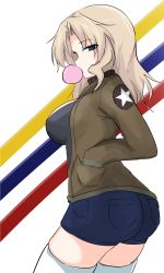 Rule 34 | 1girl, absurdres, aikir (jml5160), black shirt, blonde hair, blouse, blue eyes, blue shorts, brown jacket, chewing gum, commentary, cowboy shot, cutoffs, denim, denim shorts, emblem, from behind, girls und panzer, glaring, hair intakes, half-closed eyes, hands in pockets, highres, jacket, kay (girls und panzer), long hair, long sleeves, looking at viewer, looking back, military, military uniform, one-hour drawing challenge, open clothes, open jacket, saunders military uniform, shirt, short shorts, shorts, solo, standing, star (symbol), thighhighs, uniform, white background, white thighhighs