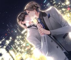 Rule 34 | 2boys, alcohol, araragi soushi, black hair, black neckwear, blue neckwear, brown eyes, brown hair, building, champagne flute, cityscape, cup, drinking glass, dutch angle, closed eyes, grey suit, hand grab, male focus, multiple boys, necktie, night, night sky, official art, original, sky, skyscraper, smile, standing, suit, yaoi