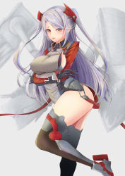 Rule 34 | 1girl, absurdres, ass, azur lane, black gloves, blurry, blurry background, breast hold, breasts, covered erect nipples, cross, crossed arms, eyes visible through hair, from side, gloves, hair ornament, highres, iron cross, lips, long hair, long sleeves, looking at viewer, military, military uniform, multicolored hair, parted lips, pink lips, prinz eugen (azur lane), sideboob, silver hair, smile, solo, spekkio36, streaked hair, swept bangs, thighhighs, thighs, two side up, uniform, very long hair