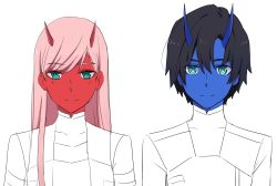 Rule 34 | 10s, 1boy, 1girl, black hair, blue eyes, blue horns, blue skin, colored skin, commentary, couple, darling in the franxx, english commentary, green eyes, hetero, highres, hiro (darling in the franxx), horns, k 016002, long hair, looking at viewer, oni horns, pink hair, red horns, red skin, short hair, zero two (darling in the franxx)