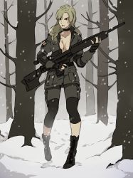 Rule 34 | 1girl, ai-wa, blonde hair, breasts, choker, cleavage, fingerless gloves, full body, gloves, gun, h&amp;k psg1, highres, metal gear (series), metal gear solid, rifle, sniper rifle, sniper wolf, snow, solo, tree, weapon