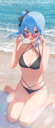 Rule 34 | 1girl, absurdres, bare shoulders, barefoot, beach, bikini, black bikini, black ribbon, blue eyes, blue hair, blue nails, blush, breasts, collarbone, criss-cross halter, day, eyelashes, feet, full body, hair between eyes, hair ribbon, halterneck, hands up, highres, hololive, hoshimachi suisei, legs, lens flare, long hair, looking at viewer, nail polish, navel, ocean, on ground, open mouth, outdoors, pink-tinted eyewear, raeis, ribbon, shadow, shiny skin, side ponytail, sidelocks, sitting, small breasts, solo, sparkle, spread toes, star (symbol), star in eye, sunglasses, swimsuit, symbol in eye, teeth, thighs, tinted eyewear, toenails, toes, upper teeth only, virtual youtuber, wariza, water