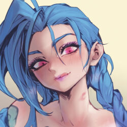Rule 34 | 1girl, :q, blue hair, blush, brown background, closed mouth, cloud tattoo, highres, jinx (league of legends), league of legends, long hair, nude, phantom ix row, pink eyes, pink lips, portrait, shoulder tattoo, simple background, smile, solo, tattoo, tongue, tongue out, twintails