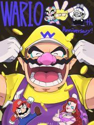 Rule 34 | 1girl, 2boys, anniversary, annoyed, bandana, breasts, brown hair, captain syrup, cleavage, closed eyes, coin, evil grin, evil smile, eyeshadow, facial hair, fat, fat man, flexing, gloves, gold coin, grin, hat, laughing, lipstick, makeup, mario, mario (series), multiple boys, mustache, nintendo, one eye closed, open mouth, overalls, rabbit ears, smile, super mario land 2, v, wario, wario land, wario land: shake it!, warioware, wink
