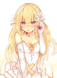 Rule 34 | 1girl, :o, arm up, bare shoulders, blonde hair, blush, breasts, collarbone, dress, earrings, elbow gloves, female focus, flower, gloves, hair flower, hair ornament, heart, heart earrings, holding, jewelry, kurasuke, long hair, looking at viewer, open mouth, orange ribbon, original, pink eyes, pink flower, pointy ears, revision, ribbon, small breasts, solo, strapless, strapless dress, v-shaped eyebrows, very long hair, white background, white dress, white gloves
