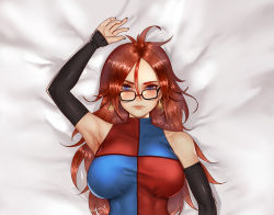 Rule 34 | 1girl, android 21, armpits, artist name, bare shoulders, bed sheet, black-framed eyewear, blue eyes, blush, breasts, brown hair, checkered clothes, checkered dress, curly hair, dakimakura (medium), detached sleeves, dragon ball, dragon ball fighterz, dress, earrings, easonx, from above, glasses, highres, hoop earrings, jewelry, lab coat, large breasts, lips, long hair, looking at viewer, nail polish, pink lips, sheet grab, shiny clothes, signature, sleeveless, sleeveless dress, solo