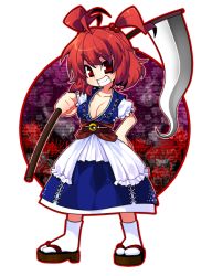 Rule 34 | 1girl, bad id, bad pixiv id, breasts, cleavage, female focus, hair bobbles, hair ornament, kiri futoshi, large breasts, looking at viewer, onozuka komachi, red eyes, red hair, scythe, short hair, solo, touhou, twintails, two side up