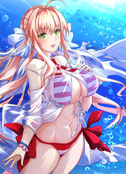 Rule 34 | 1girl, ahoge, antiqq, bead bracelet, beads, bikini, blush, bracelet, breasts, cowboy shot, criss-cross halter, fate/grand order, fate (series), green eyes, hair intakes, halterneck, jewelry, large breasts, long hair, looking at viewer, navel, nero claudius (fate), nero claudius (fate) (all), nero claudius (swimsuit caster) (fate), nero claudius (swimsuit caster) (third ascension) (fate), parted lips, side-tie bikini bottom, sidelocks, smile, solo, stomach, striped bikini, striped clothes, swimsuit, twintails, underwater