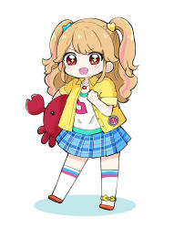 Rule 34 | 1girl, :d, blue skirt, blush, brown hair, carrying, carrying under arm, chibi, colored shadow, commentary request, copyright request, flower, full body, hair ornament, heart, heart hair ornament, jacket, looking at viewer, multicolored hair, nozo (hitomiz), open clothes, open jacket, open mouth, orange flower, over-kneehighs, pink hair, plaid, plaid skirt, pleated skirt, puffy short sleeves, puffy sleeves, red eyes, shadow, shirt, shoes, short sleeves, skirt, smile, solo, sparkling eyes, star (symbol), star hair ornament, streaked hair, thighhighs, two side up, v-shaped eyebrows, white background, white shirt, white thighhighs, yellow jacket