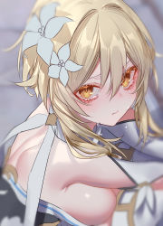 Rule 34 | 1girl, absurdres, back, bare shoulders, blonde hair, blurry, blurry background, blush, breasts, closed eyes, closed mouth, crying, detached sleeves, dress, flower, genshin impact, hair between eyes, hair flower, hair ornament, highres, long hair, looking at viewer, lumine (genshin impact), medium breasts, pottsness, sideboob, sidelocks, solo, tears, unfinished, upper body, white dress, white flower, yellow eyes