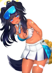 Rule 34 | 1girl, absurdres, ahoge, alternate skin color, animal ears, arms behind back, b-pang, black hair, blue archive, blue eyes, blue skirt, blush, breasts, character name, cheerleader, cleavage, collarbone, dark-skinned female, dark skin, dog ears, dog girl, dog tail, eyewear on head, facial tattoo, halo, hibiki (blue archive), hibiki (cheer squad) (blue archive), highres, looking at viewer, medium breasts, medium hair, midriff, millennium cheerleader outfit (blue archive), navel, official alternate costume, open mouth, pom pom (cheerleading), shoulder tattoo, simple background, skirt, solo, standing, star tattoo, sunglasses, tail, tan, tattoo, thigh strap, thighs, two-tone skirt, wavy mouth, white background, white skirt