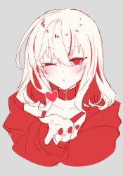 Rule 34 | 1girl, blowing kiss, blush, bra, choker, coat, colored inner hair, contrast, dot nose, grey background, heart, high contrast, hood, hoodie, looking at viewer, medium hair, monochrome, multicolored hair, one eye closed, open mouth, oshiruko (tsume), red bra, red choker, red eyes, red hair, red hoodie, simple background, solo, underwear, upper body, white hair