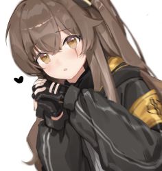 Rule 34 | 1girl, armband, black gloves, black jacket, blush, brown eyes, brown hair, commentary, dutch angle, fei (songyijie), fingerless gloves, girls&#039; frontline, gloves, hair between eyes, heart, hood, hood down, hooded jacket, interlocked fingers, jacket, long hair, looking at viewer, motion blur, one side up, open mouth, own hands clasped, own hands together, palms together, scar, scar across eye, scar on face, simple background, solo, ump45 (girls&#039; frontline), upper body, white background