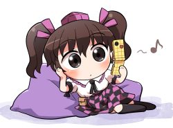 Rule 34 | 1girl, black socks, blouse, blush, brown eyes, brown hair, checkered clothes, checkered skirt, closed mouth, collared shirt, eighth note, hair between eyes, hat, himekaidou hatate, holding, holding phone, kneehighs, long hair, musical note, phone, puffy short sleeves, puffy sleeves, purple hat, rokugou daisuke, shirt, short sleeves, signature, skirt, socks, solo, tokin hat, touhou, twintails, white shirt