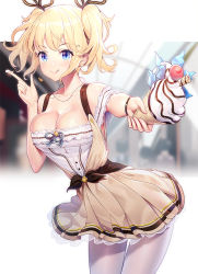 Rule 34 | 1girl, bare shoulders, black ribbon, blonde hair, blue ribbon, blurry, blurry background, breasts, brown dress, cleavage, closed mouth, collarbone, commentary request, depth of field, dress, food, food on hand, hair ribbon, hand up, highres, holding, holding food, ice cream, ice cream cone, index finger raised, jewelry, leaning forward, licking lips, looking at viewer, medium breasts, off shoulder, original, pantyhose, pendant, pleated dress, ribbon, ririko (zhuoyandesailaer), shirt, short hair, sleeveless, sleeveless shirt, smile, soft serve, solo, striped ribbon, tongue, tongue out, twintails, wafer stick, white pantyhose, white shirt