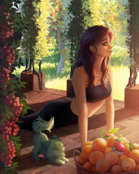 Rule 34 | 1girl, 1other, ass, brown hair, commentary, creatures (company), elily, english commentary, food, fruit, fruit basket, game freak, garden, grapes, green fur, highres, lips, long hair, looking at another, mandarin orange, nintendo, pants, poke ball, poke ball (basic), pokemon, pokemon (creature), sidelighting, smile, sprigatito, strapless, stretching, sunlight, tube top, yoga, yoga pants