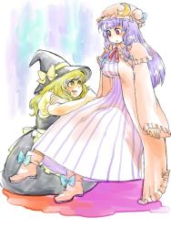 Rule 34 | 2girls, an-chan (ananna0315), blonde hair, boots, bow, cloak, crossed arms, eye contact, female focus, hat, hat bow, kirisame marisa, kneeling, looking at another, multiple girls, patchouli knowledge, purple hair, shoes, sitting, striped, touhou, wide sleeves, witch, witch hat