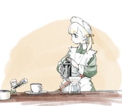 Rule 34 | 2girls, alternate costume, apron, bad id, bad twitter id, blonde hair, blue eyes, blush, coffee maker, cup, dress, enmaided, fairy (kancolle), green dress, hair ribbon, holding, kantai collection, kettle, long hair, long sleeves, maid, maid headdress, multiple girls, plate, ponytail, ribbon, shin&#039;you (kancolle), side ponytail, simple background, smile, tsukatsuka, white apron