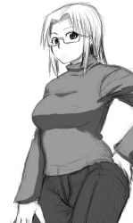 Rule 34 | 1girl, breasts, character request, denim, glasses, greyscale, hair intakes, hand on own hip, highres, jeans, large breasts, long hair, monochrome, pants, semi-rimless eyewear, solo, sweater, tsukumo (inatsuku), turtleneck