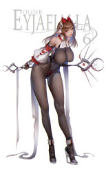 Rule 34 | 1girl, absurdres, aged up, alternate breast size, animal ears, arknights, bare shoulders, belt, between breasts, black gloves, bodystocking, bodysuit, breasts, brown hair, character name, chinese commentary, collar, covered navel, detached sleeves, elbow gloves, eyjafjalla (arknights), gloves, gluteal fold, hair ribbon, hairband, hanging breasts, harness, high heels, highres, hip bones, holding, holding weapon, horns, infection monitor (arknights), large breasts, leaning forward, long legs, looking to the side, navel, puffy sleeves, qinzeduomexiong, red eyes, ribbon, see-through, sheep ears, sheep girl, sheep horns, simple background, solo, staff, staff (weapon), strap, weapon, white background