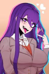 Rule 34 | 1girl, absurdres, ace glitch, adjusting hair, blush, breasts, brown background, brown jacket, doki doki literature club, facial mark, grin, highres, jacket, large breasts, long hair, looking at viewer, lower teeth only, neck ribbon, open mouth, purple eyes, purple hair, ribbon, school uniform, shirt, sidelocks, smile, solo, teeth, tongue, tongue out, upper body, upper teeth only, white shirt, yandere, yuri (doki doki literature club)