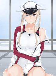 Rule 34 | 10s, 1girl, absurdres, adapted costume, black gloves, blonde hair, blue eyes, breasts, collarbone, competition swimsuit, cross, gloves, graf zeppelin (kancolle), hair between eyes, hat, highres, indoors, iron cross, jacket, kantai collection, kneeling, large breasts, light smile, long hair, long sleeves, looking at viewer, maruyaa (malya1006), military hat, off shoulder, one-piece swimsuit, peaked cap, sidelocks, solo, swimsuit, swimsuit under clothes, tsurime, twintails, undressing, white hat, white jacket, white one-piece swimsuit