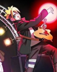 Rule 34 | 1boy, artist request, bass guitar, blonde hair, blue eyes, commentary, concert, electric guitar, english commentary, facial mark, guitar, holding, instrument, looking at viewer, lowres, male focus, music, naruto, naruto (series), official art, uzumaki boruto