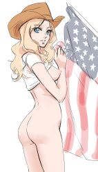 Rule 34 | 1girl, american flag, ass, back, bad id, bad twitter id, blonde hair, blue eyes, bottomless, breasts, clothes lift, cowboy hat, from behind, girls und panzer, hat, highres, kay (girls und panzer), kuppipi ramutarou, large breasts, long hair, looking at viewer, nipples, nude, shirt lift, solo, white background