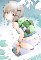 Rule 34 | 10s, 1girl, ass, bad id, bad pixiv id, bag, bent over, blush, brown hair, clothes pull, full body, green eyes, hair ornament, have to pee, highres, leaning forward, panties, polka dot, polka dot panties, pulled by self, sekihan, shoes, short hair, shorts, shorts pull, solo, underwear, watch, white panties, wristwatch, yama no susume, yukimura aoi