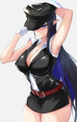 Rule 34 | 1girl, absurdres, adjusting clothes, adjusting headwear, alternate costume, armpits, belt, black hair, blue archive, blue eyes, blue hair, blush, breasts, cleavage, clenched teeth, colored inner hair, cowboy shot, glasses, gloves, hat, highres, large breasts, long hair, looking at viewer, miniskirt, multicolored hair, peaked cap, pencil skirt, pointy ears, rin (blue archive), scowl, skirt, sleeveless, sleeveless jacket, solo, teeth, tyamurai33, very long hair, white gloves
