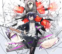 Rule 34 | 2boys, absurdres, black hair, black jacket, black pants, blood, blood from mouth, blouse, bottle, broken glass, brown footwear, checkered clothes, checkered scarf, collarbone, collared shirt, commentary request, danganronpa (series), danganronpa v3: killing harmony, dress shirt, fanta, flower, foot out of frame, glass, gun, hair between eyes, hands up, highres, holding, holding bottle, holding weapon, iei, jacket, long sleeves, looking at viewer, male focus, multiple boys, open clothes, open jacket, open shirt, oma kokichi, pants, pink eyes, purple eyes, qianhai, red flower, scarf, shirt, shoes, short hair, sitting, smile, spoilers, sword, weapon, white flower, white shirt