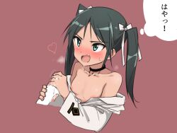 Rule 34 | 1boy, 1girl, black choker, blush, breasts, choker, collarbone, cum, cum on hands, fang, francesca lucchini, green eyes, green hair, hair ribbon, handjob, heart, highres, long hair, military, military uniform, nipples, no bra, open mouth, red background, ribbon, simple background, small breasts, smile, strike witches, twintails, uniform, upper body, world witches series, yohijikon