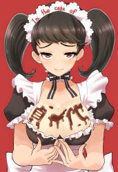 Rule 34 | 1girl, black hair, blouse, blush, breasts, brown eyes, brown hair, chocolate, chocolate on body, chocolate on breasts, cleavage, collarbone, food on body, highres, kawakami sadayo, kurosususu, large breasts, long hair, looking at viewer, maid, maid headdress, medium breasts, persona, persona 5, shirt, short hair, solo, striped clothes, striped shirt, twintails