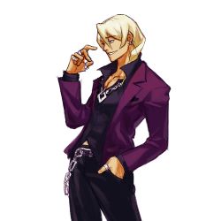 Rule 34 | 1boy, ace attorney, apollo justice: ace attorney, belt, black pants, black shirt, blonde hair, blue eyes, chain, collarbone, cowboy shot, earrings, godzillapigeon1, grin, hair between eyes, half-closed eyes, hand in pocket, hand up, highres, jacket, jewelry, klavier gavin, long hair, long sleeves, male focus, open clothes, open jacket, pants, pectoral cleavage, pectorals, purple jacket, ring, shirt, sidelocks, simple background, sketch, smile, solo, standing, teeth, white background