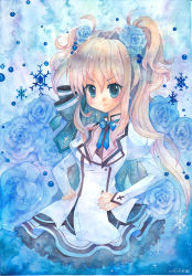 Rule 34 | 1girl, aqua eyes, bad id, bad pixiv id, blonde hair, blue flower, blue rose, dress, flower, hair flower, hair intakes, hair ornament, hair ribbon, hands on own hips, long hair, mashiroiro symphony, mosho, puffy sleeves, ribbon, rose, sena airi, short twintails, signature, solo, traditional media, twintails, two side up