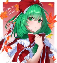 Rule 34 | 1girl, absurdres, bow, commission, frilled bow, frilled ribbon, frilled sleeves, frills, front ponytail, green eyes, green hair, hair bow, hair ribbon, highres, kagiyama hina, leaf, looking at viewer, maple leaf, ninjin no nankotsu, open mouth, puffy short sleeves, puffy sleeves, red bow, red ribbon, ribbon, short sleeves, skeb commission, solo, touhou, upper body