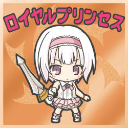 Rule 34 | 1girl, bare shoulders, blush, boots, character name, chibi, closed mouth, collared shirt, flower knight girl, full body, gauntlets, hairband, holding, holding sword, holding weapon, layered skirt, looking at viewer, pink eyes, pink hairband, pink skirt, pleated skirt, ri-net, royal princess (flower knight girl), shirt, single gauntlet, skirt, sleeveless, sleeveless shirt, solo, standing, sword, v-shaped eyebrows, weapon, white footwear, white hair, white shirt