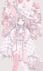 Rule 34 | 1girl, absurdres, animal ears, asymmetrical legwear, blush, braid, broom, coat, commentary request, cowboy shot, expressionless, flower, grey background, hair ribbon, hat, highres, holding, holding broom, jikuno, long braid, long hair, looking at viewer, muted color, original, pastel colors, pink eyes, pink ribbon, pink thighhighs, rabbit ears, ribbon, sidelocks, signature, simple background, single thighhigh, solo, thighhighs, twin braids, uneven legwear, white coat, white hat, witch hat