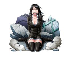 Rule 34 | 1girl, arms behind back, black dress, black footwear, black hair, blue eyes, bodskih, boots, breasts, cleavage, collarbone, crying, dress, large breasts, long hair, looking at viewer, nico robin, one piece, one piece treasure cruise, open mouth, short dress, sitting, solo, tears, thigh boots, thighhighs, transparent background