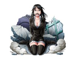 1girl arms_behind_back black_dress black_footwear black_hair blue_eyes blunt_bangs bodskih boots breasts cleavage collarbone crying crying_with_eyes_open dress female_focus jacket large_breasts leather leather_jacket long_hair looking_at_viewer nico_robin nico_robin_(water_7) one_piece one_piece_treasure_cruise open_mouth rubble short_dress sitting solo tears thigh_boots thighhighs transparent_background