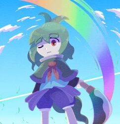 Rule 34 | 1other, adagumo no saragimaru, androgynous, black sleeves, blue kimono, blue shirt, blue sky, blunt bangs, capelet, closed mouth, cloud, collared capelet, commentary, frown, grass, green capelet, green hair, holding, holding polearm, holding weapon, japanese clothes, kimono, len&#039;en, long sleeves, naginata, necktie, one eye closed, ootomo no gurane, polearm, puffy pants, purple trim, rainbow, red eyes, red necktie, shirt, short hair, short ponytail, sky, snake tail, tail, weapon, wide sleeves