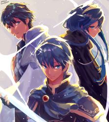 Rule 34 | 1girl, 2boys, armor, bad id, bad pixiv id, blue eyes, blue hair, cape, chrom (fire emblem), father and daughter, fingerless gloves, fire emblem, fire emblem: mystery of the emblem, fire emblem: new mystery of the emblem, fire emblem: shadow dragon, fire emblem: shadow dragon and the blade of light, fire emblem awakening, fire emblem heroes, gloves, haraitai, highres, holding, holding sword, holding weapon, long hair, looking at viewer, lucina (fire emblem), marth (fire emblem), multiple boys, nintendo, painting (medium), pauldrons, shoulder armor, smile, super smash bros., sword, tiara, traditional media, watercolor (medium), weapon