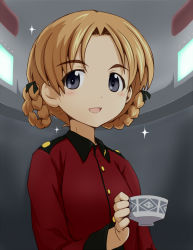 Rule 34 | 10s, 1girl, blue eyes, blush, bow, braid, cup, girls und panzer, hair bow, holding, holding cup, orange hair, orange pekoe (girls und panzer), sasaki akira (ugc), short hair, smile, solo, sparkle, teacup, twin braids, uniform
