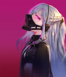 Rule 34 | 1girl, aak, ak-12 (girls&#039; frontline), bad id, bad pixiv id, braid, colored eyelashes, french braid, from side, girls&#039; frontline, grey hair, hair ribbon, half-closed eye, headphones, heart, heart-shaped pupils, highres, long hair, looking to the side, mask, mouth mask, ninja mask, one side up, pink background, pink eyes, profile, respirator, ribbon, solo, symbol-shaped pupils, tsurime, uneven eyes, upper body, very long hair