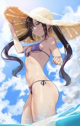 Rule 34 | 1girl, :3, asymmetrical bangs, bare arms, bare shoulders, bikini, black hair, blue sky, blush, breasts, closed mouth, cloud, commentary, cowboy shot, dappled sunlight, day, earrings, front-tie bikini top, front-tie top, genshin impact, green eyes, halterneck, hand on headwear, hat, highres, jewelry, long hair, looking at viewer, medium breasts, mona (genshin impact), navel, outdoors, purple bikini, purple ribbon, ribbon, ryudraw, side-tie bikini bottom, sidelocks, signature, sky, smile, solo, straw hat, string bikini, sunlight, swimsuit, symbol-only commentary, thighs, twintails, underboob, very long hair, water, yellow hat