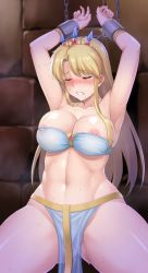 Rule 34 | 1girl, armpits, arms up, artemis (phelios), bandeau, blonde hair, blush, bound, bound wrists, breasts, clenched teeth, closed eyes, cowboy shot, cuffs, gluteal fold, hormone koijirou, large breasts, loincloth, long hair, looking at viewer, navel, nipple slip, nipples, no panties, nose blush, phelios (game), restrained, shackles, sidelocks, solo, spread legs, sweat, tears, teeth, tiara