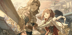 Rule 34 | 2girls, arm grab, armor, armored skirt, blood, bloody weapon, blue ribbon, breastplate, brown eyes, brown hair, cloak, commentary request, crying, crying with eyes open, dated commentary, day, dirty, dirty face, elbow gloves, fingerless gloves, fire emblem, fire emblem fates, floating hair, from side, gloves, hair ornament, hairband, hana (fire emblem), harusame (rueken), headband, holding, holding sword, holding weapon, japanese armor, japanese clothes, katana, long hair, long sleeves, multiple girls, nintendo, obi, obijime, open mouth, outdoors, pegasus, pink eyes, pink hair, ribbon, riding, sakura (fire emblem), sash, short hair, standing, sweatdrop, sword, tears, two-tone hairband, vambraces, wavy hair, weapon, white cloak, white gloves