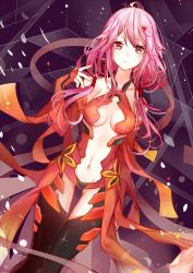 Rule 34 | 10s, 1girl, akira (ying), bare shoulders, black thighhighs, breasts, center opening, cleavage, detached sleeves, elbow gloves, fingerless gloves, gloves, guilty crown, hair ornament, hairclip, long hair, looking at viewer, navel, pink hair, red eyes, solo, thighhighs, twintails, yuzuriha inori