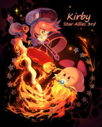 Rule 34 | 1girl, :o, anniversary, black background, black dress, black headwear, blush stickers, copy ability, copyright name, dress, flamberge (kirby), flaming sword, flaming weapon, hair between eyes, hat, highres, holding, holding sword, holding weapon, kirby, kirby: star allies, kirby (series), kouyafu, long sleeves, nintendo, parted bangs, purple eyes, rayman limbs, red hair, revision, sparkle, star (symbol), sword, weapon, wide sleeves